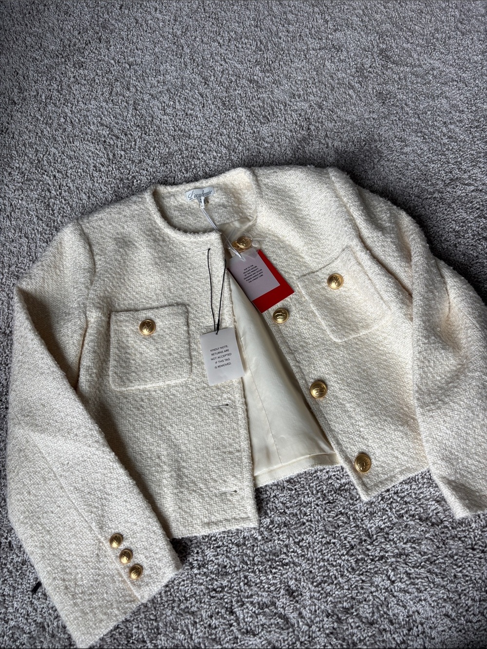 L'Academie Cream Tweed Cropped Blazer with Gold Buttons